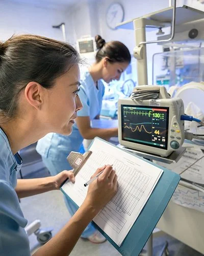 Intensivpflege: Zwei Pflegefachpersonen versorgen ein Baby, das in einem Brutkasten liegt.