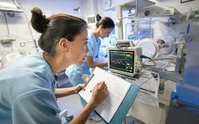 Intensivpflege: Zwei Pflegefachpersonen versorgen ein Baby, das in einem Brutkasten liegt.