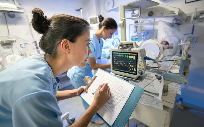 Intensivpflege: Zwei Pflegefachpersonen versorgen ein Baby, das in einem Brutkasten liegt.