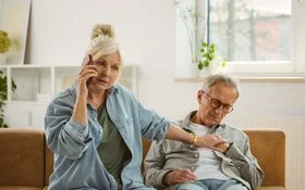 Ein mittelaltes Paar im Wohnzimmer. Der Mann sitzt zusammengesackt auf dem Sofa und scheint bewusstlos. Die Frau telefoniert und blickt besorgt.