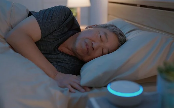 Ein Mann liegt im Bett und schläft. Auf dem Nachttisch neben ihm steht eine kleine, kreisrunde „White-Noise-Machine”.
