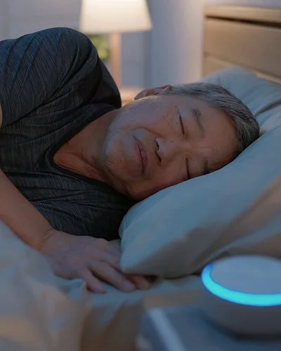 Ein Mann liegt im Bett und schläft. Auf dem Nachttisch neben ihm steht eine kleine, kreisrunde „White-Noise-Machine”.