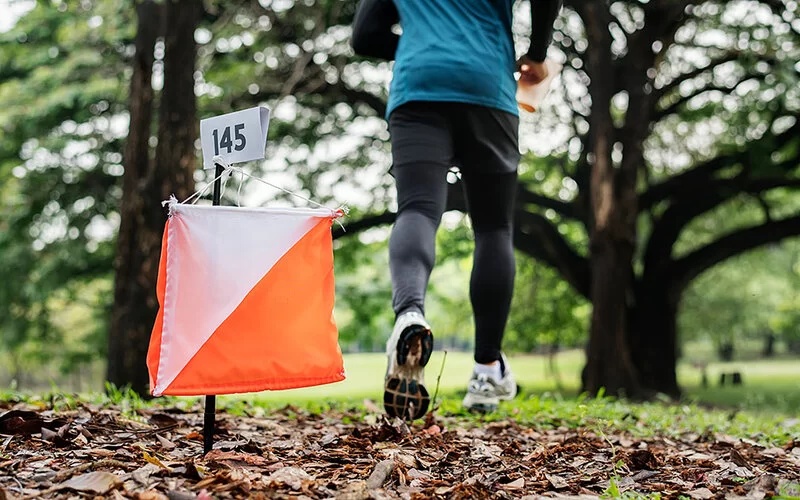 Frau hat beim Orientierungslauf im Wald einen Posten erreicht.