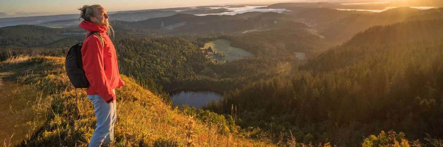 Eine Frau steht auf einem Berg. Vor ihr erstreckt sich der Schwarzwald im Sonnenaufgang.