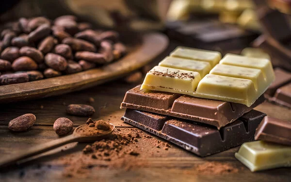 Weiße, Vollmilch- sowie dunkle Schokolade gestapelt, daneben Kakaopulver und Kakaobohnen.