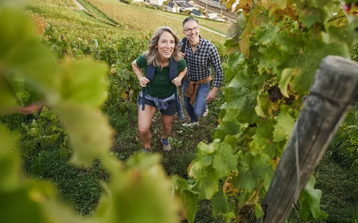 Zwei Wandernde mit Rucksäcken steigen zwischen Weinreben einen Hang hinauf; im Hintergrund sind Häuser und ein Tal zu sehen.
