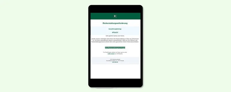 Abbildung eines Tablet-Computers, auf dem eine betrügerische E-Mail dargestellt wird.