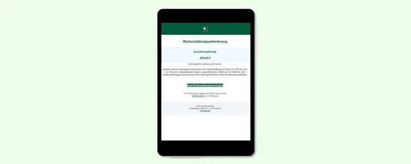 Abbildung eines Tablet-Computers, auf dem eine betrügerische E-Mail dargestellt wird.