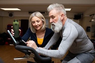 Ein älterer Mann mit weißem Vollbart sitzt in grauer Sportkleidung auf einem Trainingsfahrrad im Fitnessstudio. Er zeigt einer älteren Frau neben ihm etwas auf dem Display des Geräts. Die Frau hält eine grüne Trinkflasche in der Hand und trägt eine dunkelblaue Trainingsjacke. Beide wirken konzentriert und freundlich.