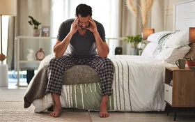 Ein mittelalter Mann mit dunklen Haaren sitzt auf einem Bett und hält mit beiden Händen seinen nach vorn gebeugten Kopf, während er die Arme auf den Oberschenkeln abstützt.