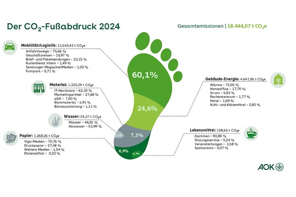 Das Bild zeigt einen gemalten Fuß und neun Stränge zu verschiedenen Themen, die den CO2-Fußabdruck ausmachen.