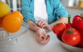 Eine Frau kratzt sich am Unterarm, wo sie durch ihre Kreuzallergie einen Ausschlag bekommen hat.