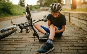 Hat er eine Tetanus-Impfung? Ein Junge ist mit dem Fahrrad gestürzt und schaut sich die Wunde am Knie an.