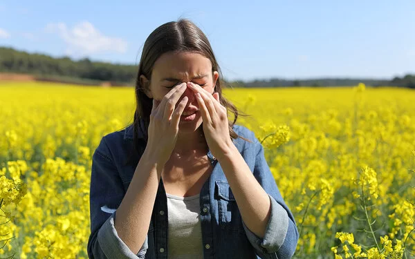 Eine Frau steht in einem Rapsfeld und fast sich mit beiden Händen an die Nase. Bei Pollenallergie hilft es, ein Allergie-Tagebuch zu führen.