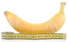 Banane mit übergezogenem Kondom neben einem Maßband