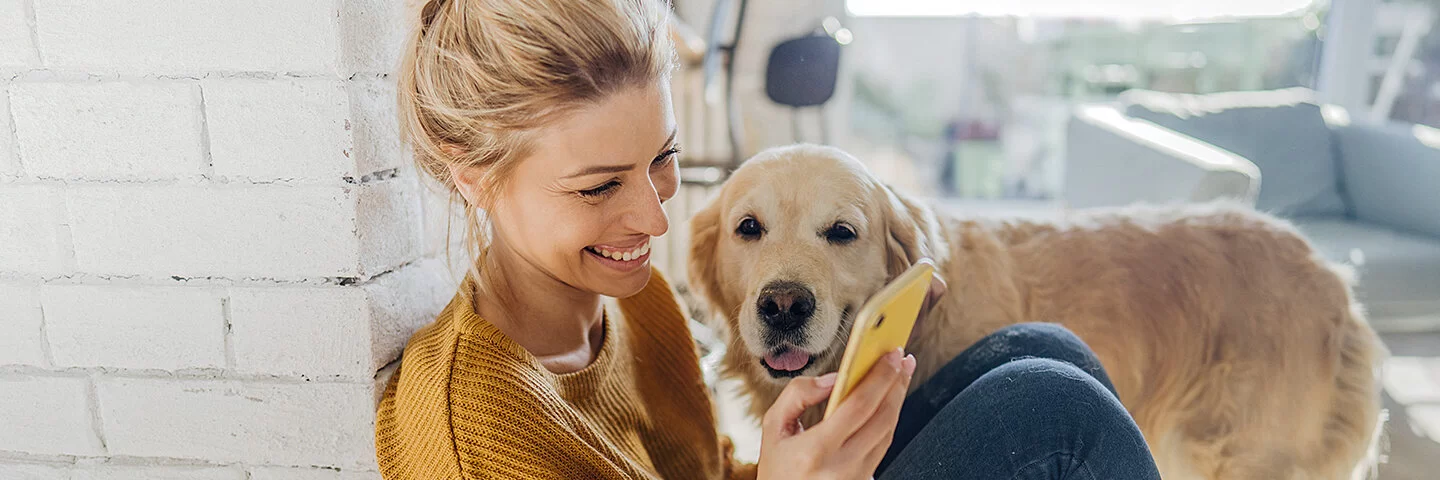 Junge Frau hockt in der Morgensonne an eine Mauer gelehnt auf dem Boden und liest etwas auf ihrem Smartphone, ein Hund steht an ihrer Seite und schaut ihr zu.