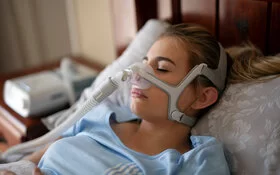 Eine Frau trägt eine CPAP-Maske beim Schlafen.