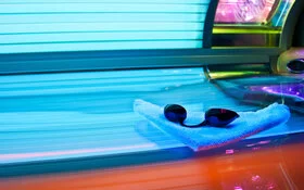 Solarium in Nahaufnahme mit Handtuch und Schutzbrille.