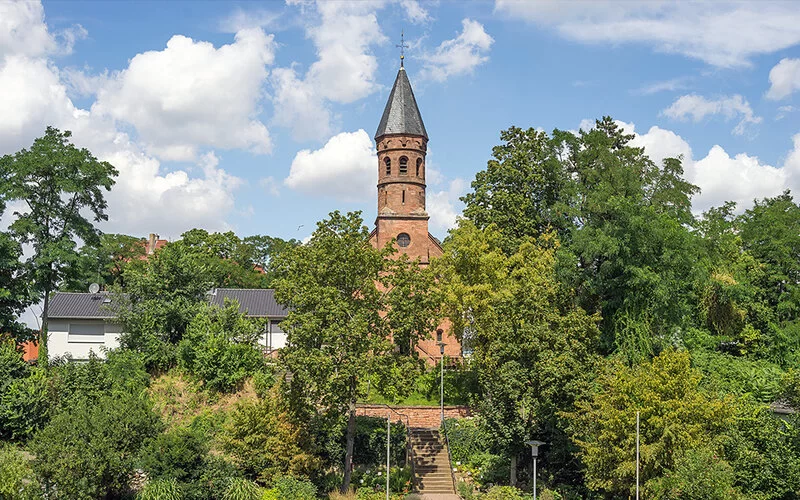 Backstein-Kirchturm ragt hinter einem dicht bewachsenen Hang mit Stufenaufgang empor; der Hang ist von Bäumen und Sträuchern geprägt und verweist auf einen naturnahen Kräutergarten in Hessen.