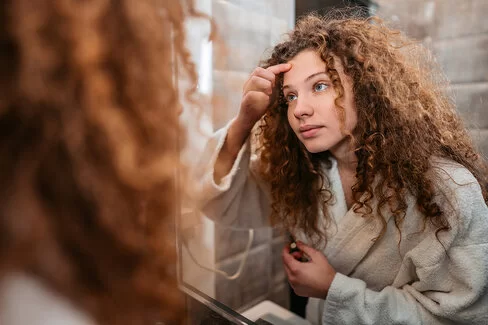 Eine junge Frau mit langen, lockigen Haaten steht im Bad vor dem Spiegel und drückt mit dem linken Zeigefinger auf einen Pickel auf ihrer Stirn.