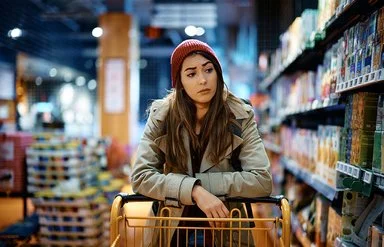 Eine Frau schiebt einen Einkaufswagen und schaut kritisch auf die Supermarktregale.