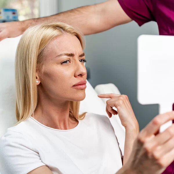 Eine Frau auf einem Behandlungsstuhl in einer Praxis für Schönheitschirurgie betrachtet mit kritischem Blick ihre Lippen in einem Handspiegel.