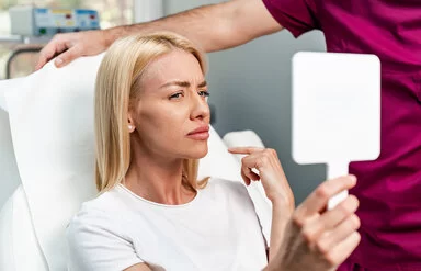 Eine Frau auf einem Behandlungsstuhl in einer Praxis für Schönheitschirurgie betrachtet mit kritischem Blick ihre Lippen in einem Handspiegel.