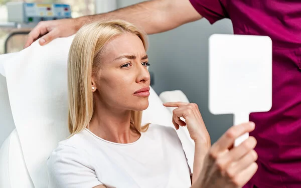 Eine Frau auf einem Behandlungsstuhl in einer Praxis für Schönheitschirurgie betrachtet mit kritischem Blick ihre Lippen in einem Handspiegel.
