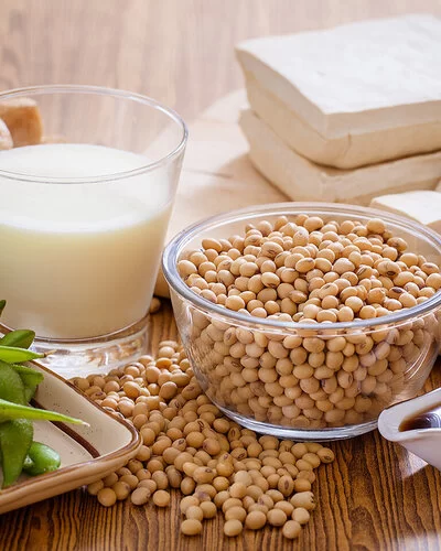 Auf einem Tisch sind verschiedene Sojaprodukte zu sehen: Tofu, Milch, Käse, Sojabohnen.