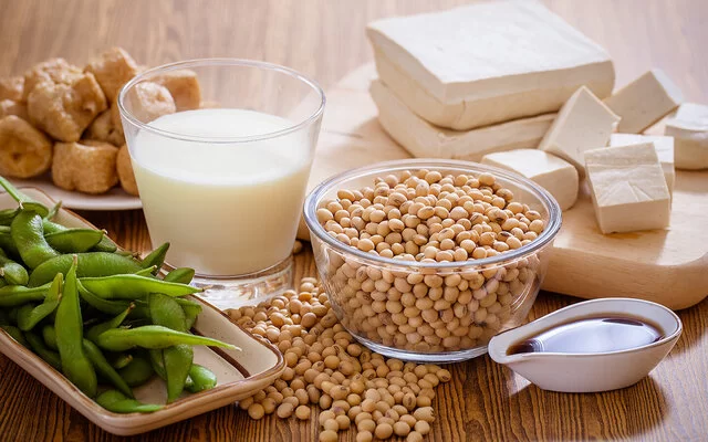 Auf einem Tisch sind verschiedene Sojaprodukte zu sehen: Tofu, Milch, Käse, Sojabohnen.