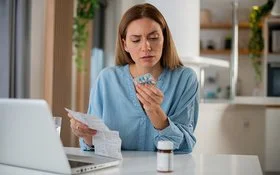 Eine Frau in einem blauen Oberteil sitzt an einem Tisch und hält eine Packungsbeilage in der Hand. Sie sieht sich die Rückseite einer Kapselverpackung an.