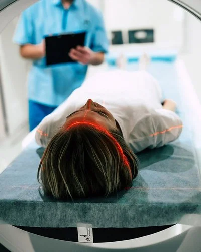 Eine junge Frau liegt vor der Öffnung eines Magnetresonanztomographen. Im Hintergrund macht jemand Notizen auf einem Papier.