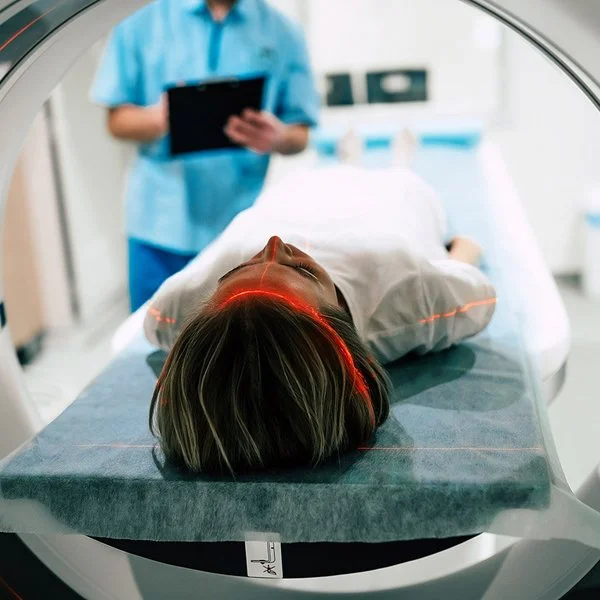 Eine junge Frau liegt vor der Öffnung eines Magnetresonanztomographen. Im Hintergrund macht jemand Notizen auf einem Papier.