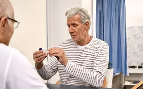 Ein Arzt erklärt einem Patienten, wie Inhalatoren zu bedienen sind. Die AOK übernimmt die Kosten für die Behandlung von Asthma und anderen chronischen Erkrankungen.