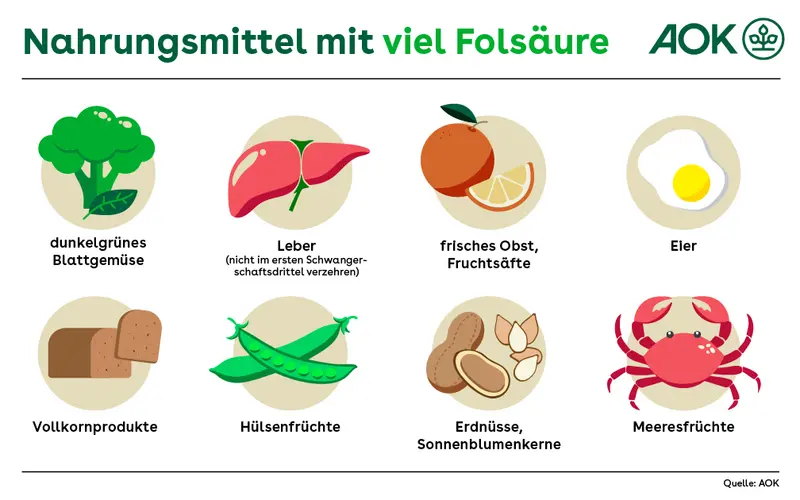 Nahrungsmittel mit viel Folsäure: dunkelgrünes Blattgemüse, Hülsenfrüchte, Erdnüsse, Sonnenblumenkerne, frisches Obst, Fruchtsäfte, Vollkornprodukte, Leber (mit Hinweis: nicht im ersten Schwangerschaftsdrittel verzehren), Meeresfrüchte, Eier.