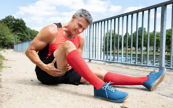 Ein Mann in Sportkleidung sitzt auf einem Weg und greift sich mit schmerzverzerrtem Gesicht an die Rückseite seines Oberschenkels.