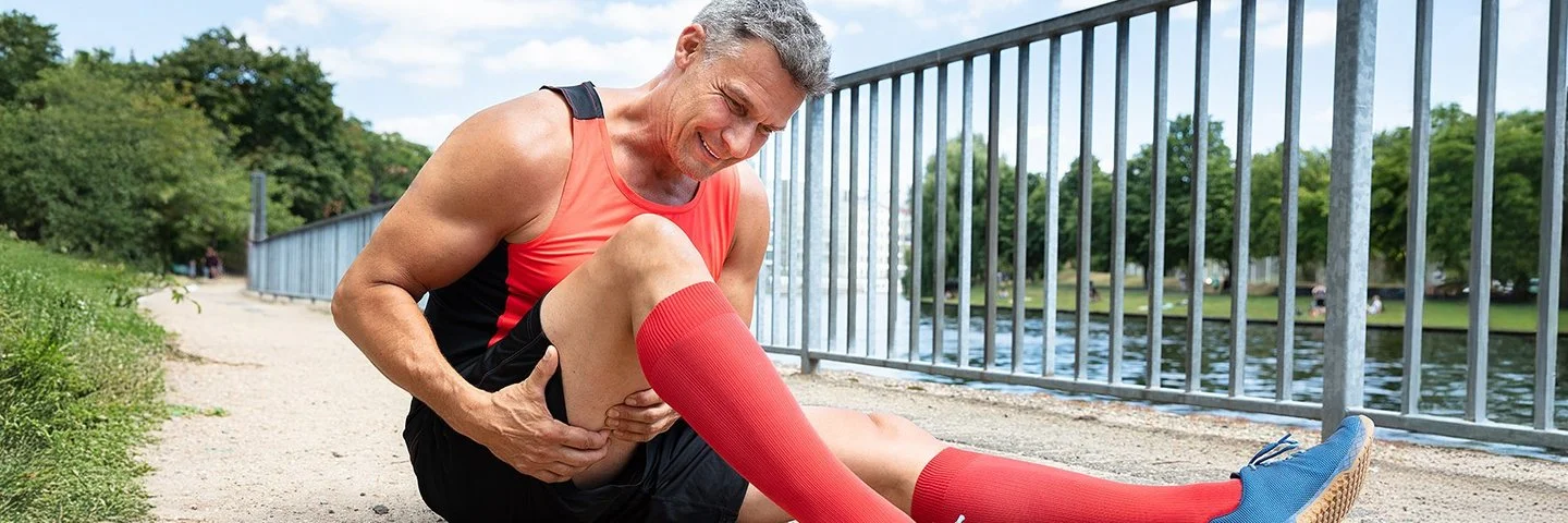 Ein Mann in Sportkleidung sitzt auf einem Weg und greift sich mit schmerzverzerrtem Gesicht an die Rückseite seines Oberschenkels.