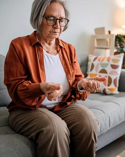Ältere Frau mit Arthrose sitzt auf einem Sofa in ihrem Zuhause.Sie betrachtet ihre zu Fäusten zusammengeballten Hände, die sie von sich gestreckt hat.