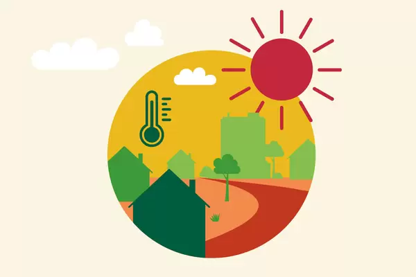 Illustration eines Stadt mit Park. Im Hintergrund sind die leuchtende Sonne und ein Thermometer zu sehen.