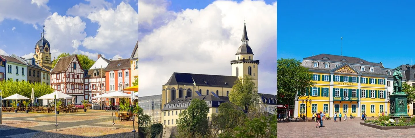 Collage von Bildern vom Marktplatz Euskirchen, Beethovendenkmal inBonn und der Siegburg.