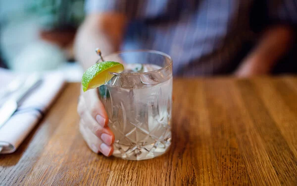 Alkoholfreier Gin Tonic in einem Longdrinkglas auf einem Holztisch, garniert mit einer Zitronenscheibe.