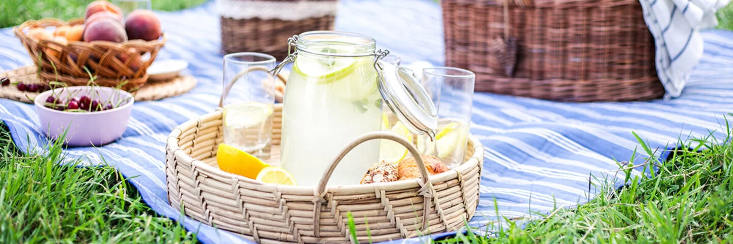 Ein Zero Waste Picknick ist auf der Wiese aufgebaut. 