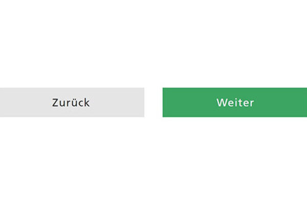 Das Bild zeigt ein weißes Kästchen mit dem Schriftzug "Zurück" und ein grünes Kästchen mit der Aufschrift "Weiter".