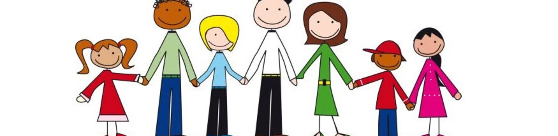 Sieben gezeichnete Menschen stehen Hand in Hand in einer Reihe und lächeln. Drei von ihnen sind Erwachsen, vier sind im kindlichen Alter. Sie haben unterschiedliche Hautfarben und tragen bunte Kleidung.