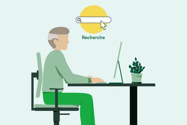 Illustration eines älteren Mannes, der an einem Computer sitzt und Informationen aufruft.