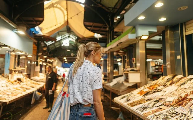 Eine junge Frau geht über einen Fischmarkt und schaut sich die ausgelegte Ware an.