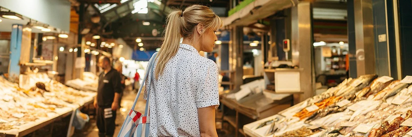 Eine junge Frau geht über einen Fischmarkt und schaut sich die ausgelegte Ware an.
