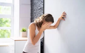 Eine junge Frau stützt sich mit links an der Wand ab, während sie sich mit rechts an die Schläfe fasst.