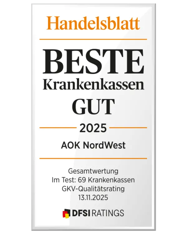 Zu sehen ist das silberne Siegel von Handelsblatt und DFSI für die beste Krankenkasse.