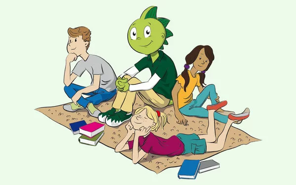 Jolinchen und seine Freunde sitzen auf einer Decke und hören gespannt einer Geschichte zu, die ihnen vorgelesen wird.